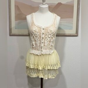 Vintage Cream Crochet Lace Top with Yellow Layered Skirt
